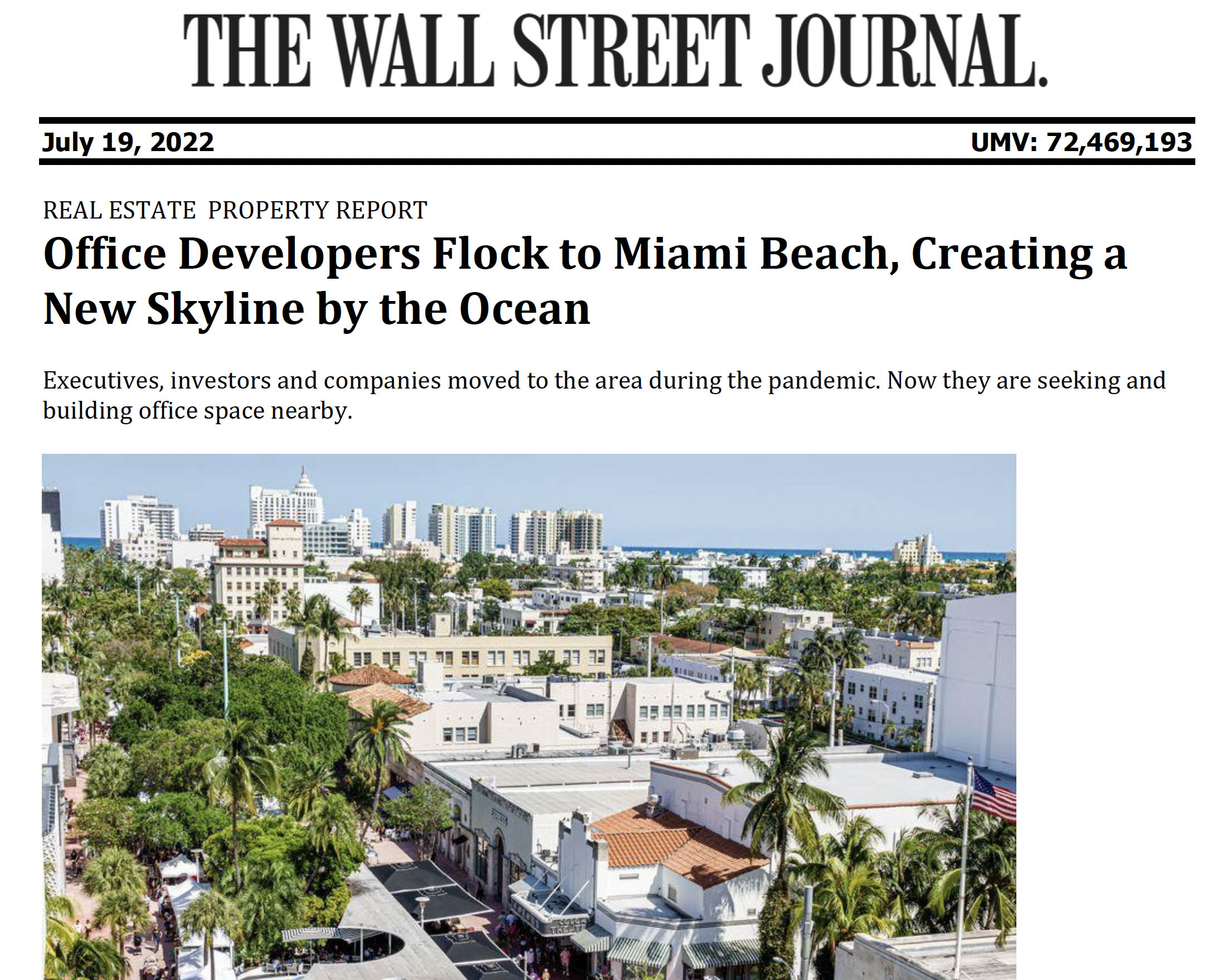 Wall Street Journal – Office Developers Flock to Miami Beach, Creating a New Skyline by the Ocean
